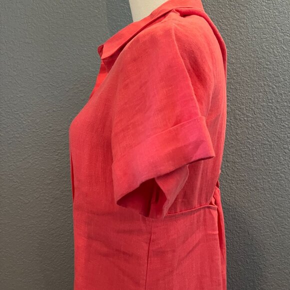 MAJE CUTOUT TWISTED BACK 100% LINEN MIDI BUTTON UP SHIRT DRESS in HIBISCUS  - 38 - Picture 8 of 15